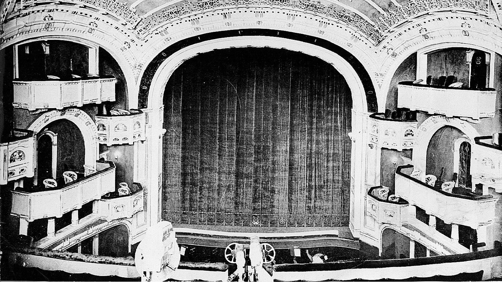 Interior shot of the Moore Egyptian Theatre (now known simply as the Moore) from the first balcony, projector in view