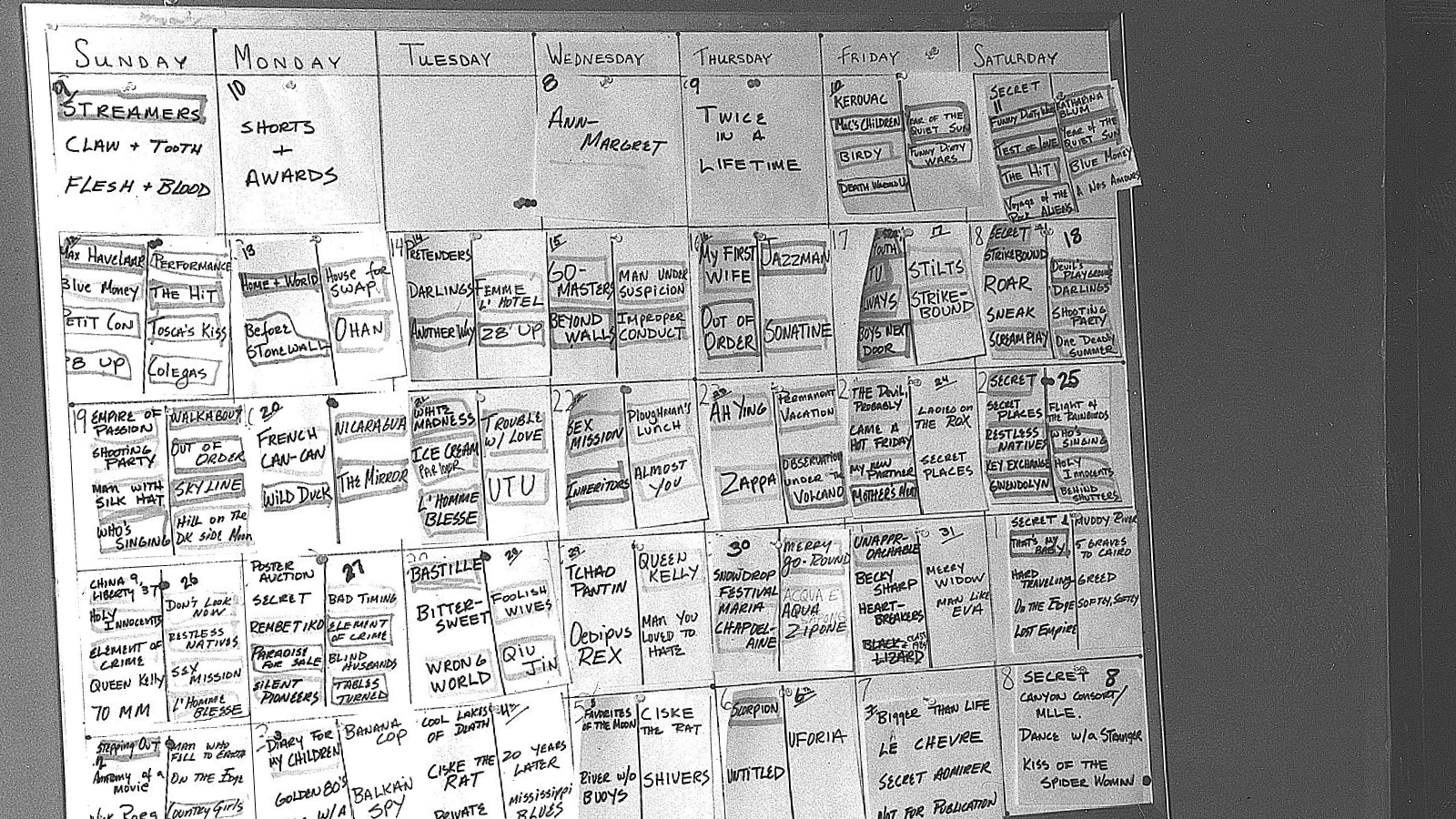 A behind-the-scenes look at a SIFF scheduling board, used to arrange the lineup of the 10th Seattle International Film Festival