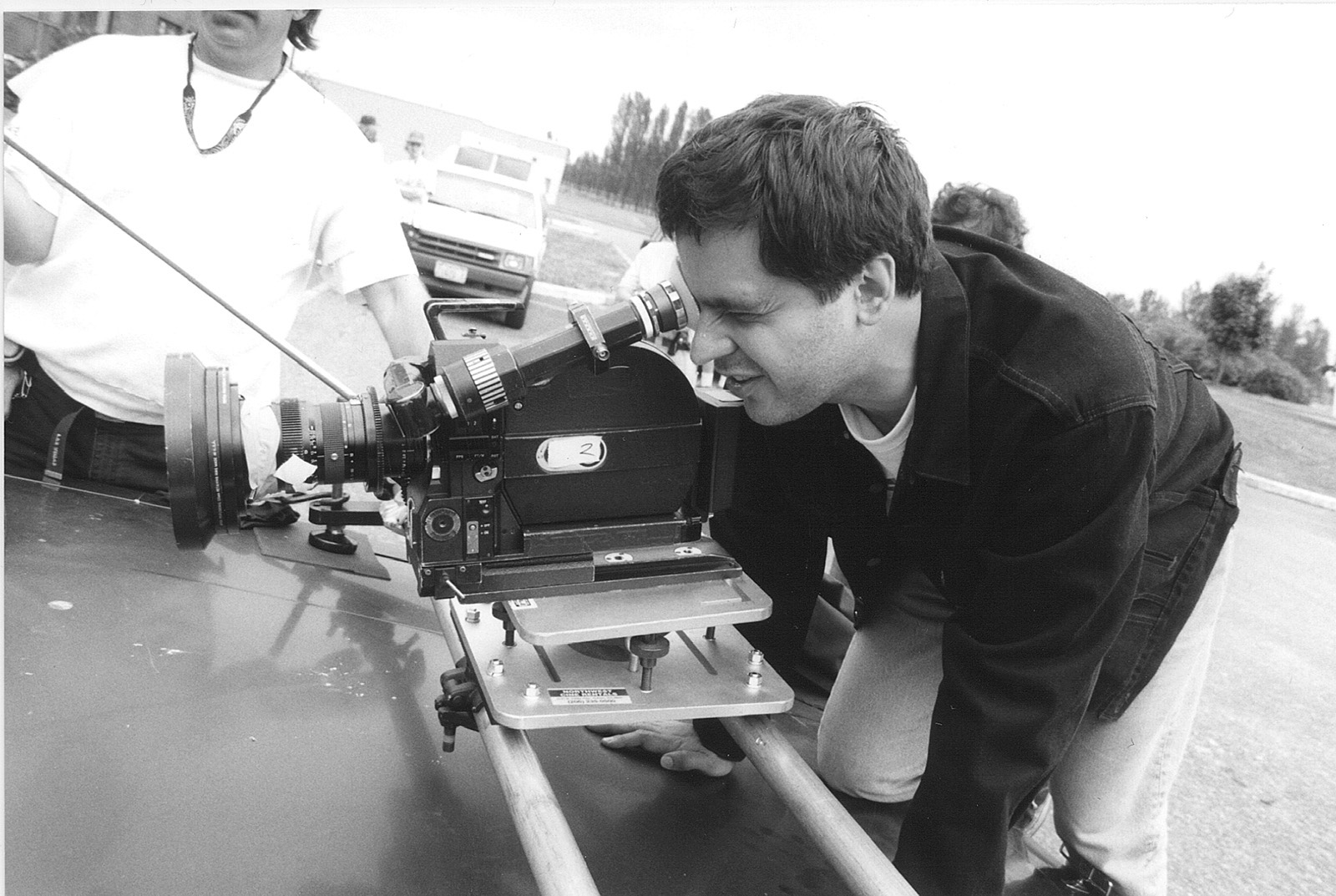 Behind-the-scenes shot of, director, Miguel Arteta, participating in the Fly Filmmaking Challenge