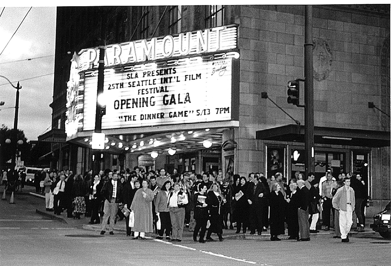 Guests gather at the corner of Pine and 9th at the Paramount Theatre for the Opening Night of the 25th Seattle International Film Festival