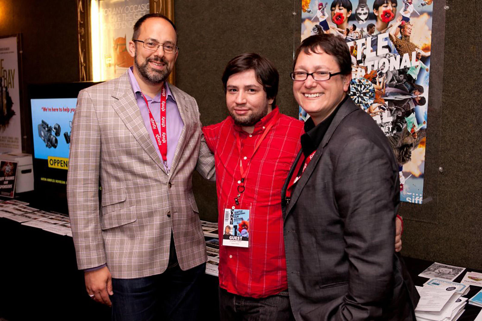 Director, Jonathan Lisecki, poses with SIFF Artistic Director, Carl Spence, and Director of Programming, Beth Barrett (current Artistic Director) at the Gay-La event, which featured a screening of Lisecki's film, Gayby
