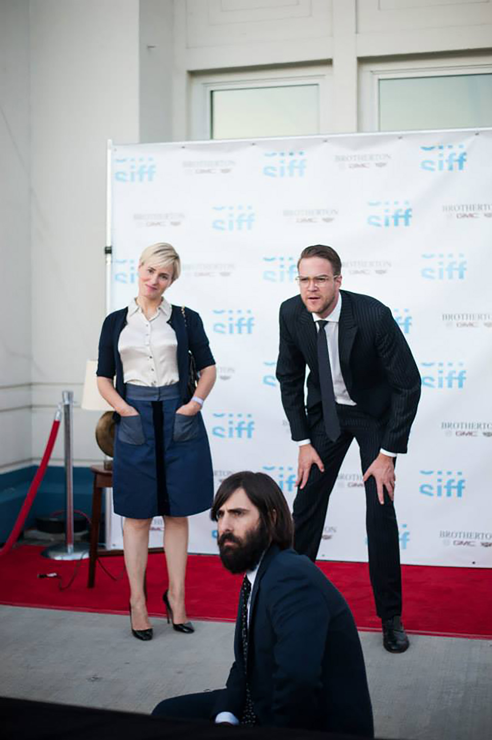 Actress, Taylor Schilling, actor, Jason Schwartzman, and director, Patrick Brice, strike a pose on Cinerama's red carpet for a screening of their film, The Overnight, to close out the festival