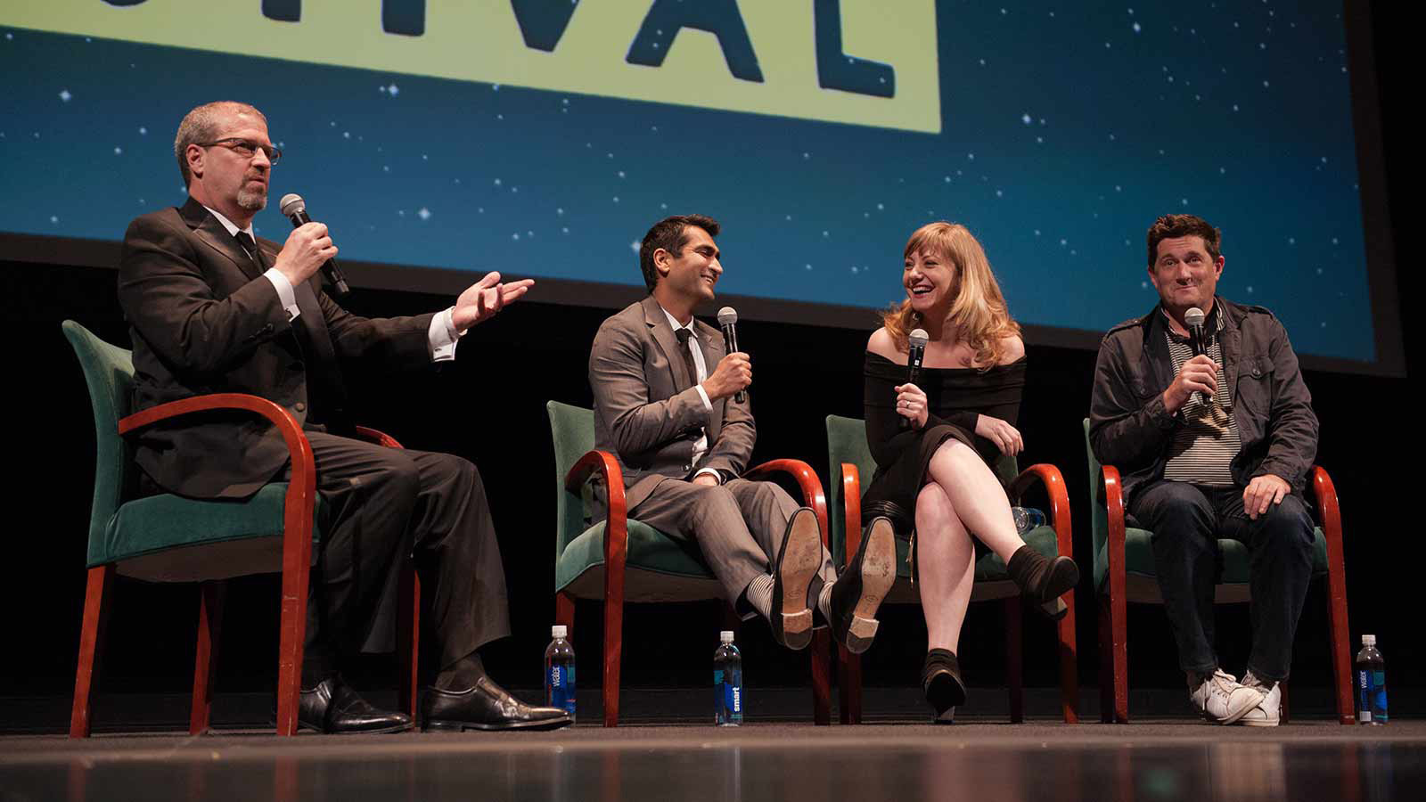 Keith Simanton from IMBD leads a Q&A with actor and writer, Kumail Nanjiani, actor and writer, Emily V. Gordon, and director, Michael Showalter after a screening of their film, The Big Sick
