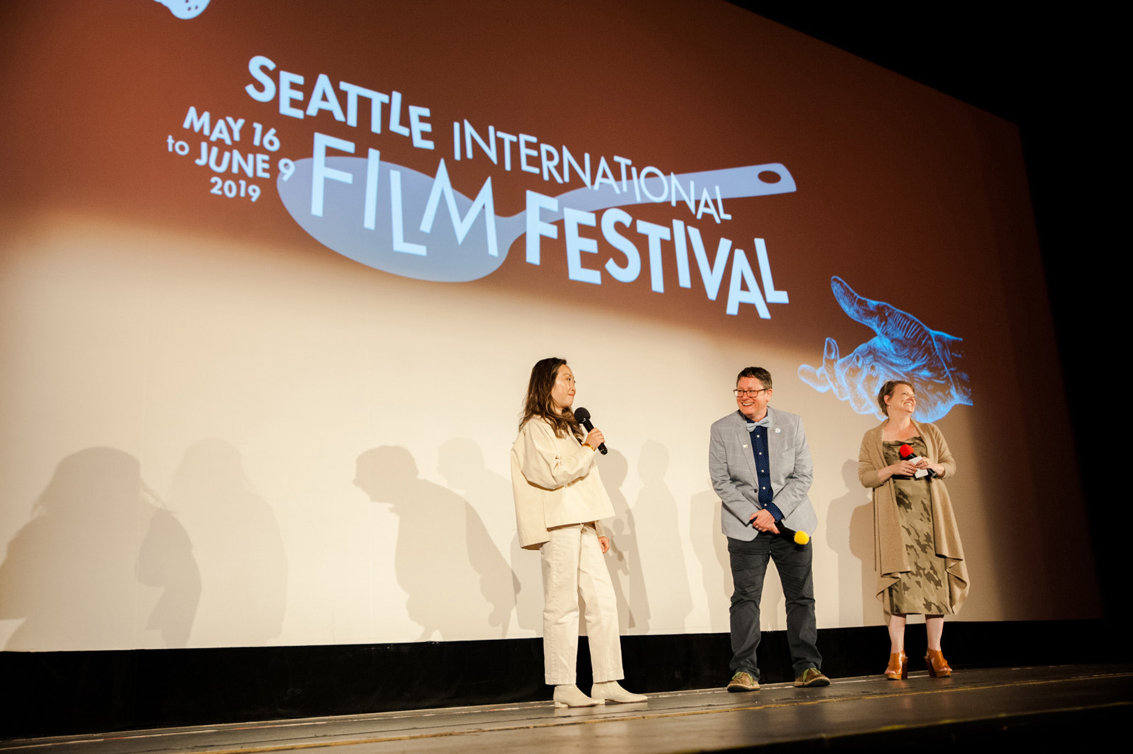 Director, Lulu Wang, answers questions from SIFF's Beth Barrett and Amy Fulford after the screening of her film, The Farewell, on Closing Night