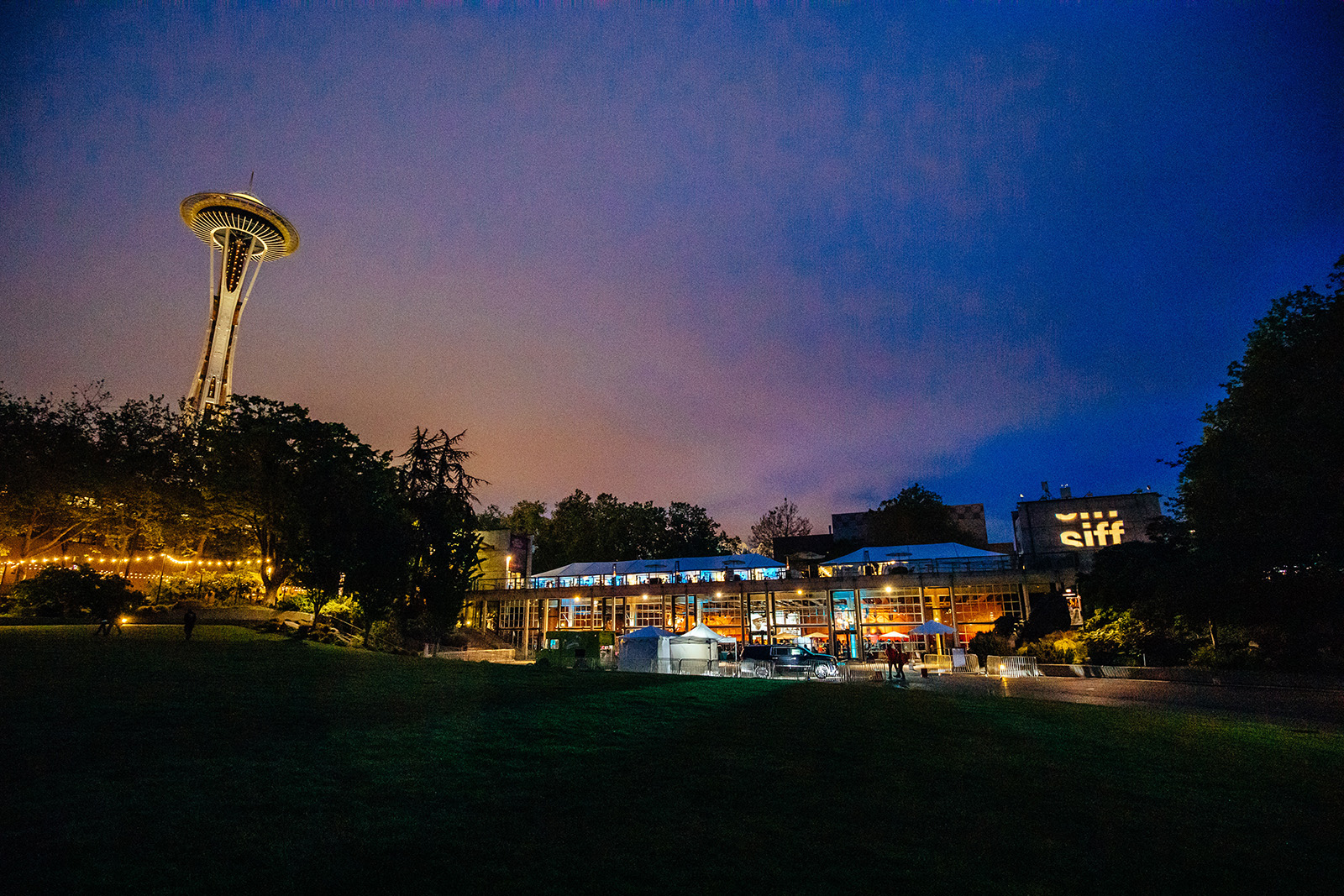 Fisher Pavilion under The Space Needle in Seattle Center, the location of the SIFF 2019 Opening Party