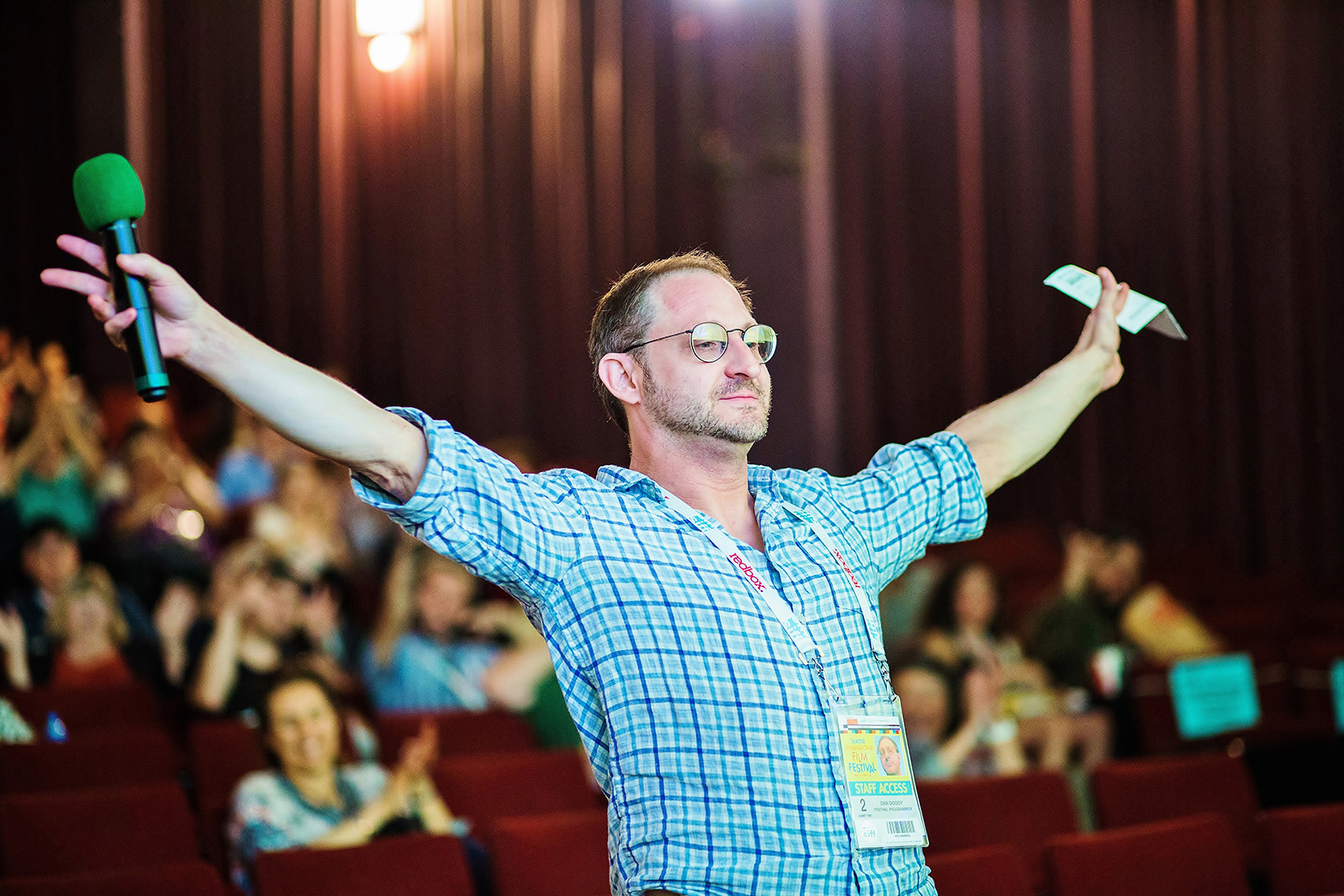 SIFF programmer, Dan Doody, in a celebratory stance on ShortsFest Closing Night 