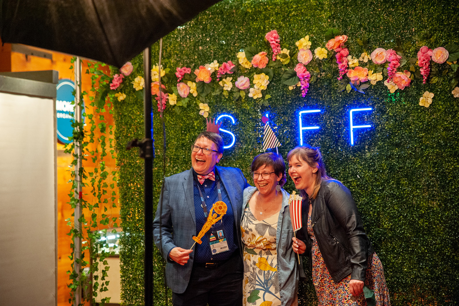 SIFF Artistic Director, Beth Barrett, takes part in the photo booth at the Closing Night Party at MOHAI