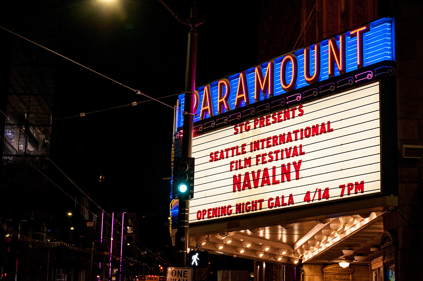 The Paramount marquee announcing Opening Night of the 48th Seattle International Film Festival with the film, Navalny