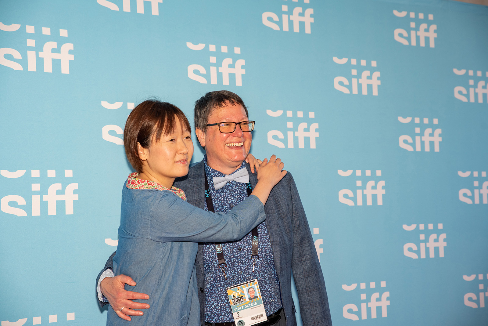 Director, Celine Song, poses with Artistic Director, Beth Barrett, on the Opening Night Red Carpet before the screening of her film, Past Lives